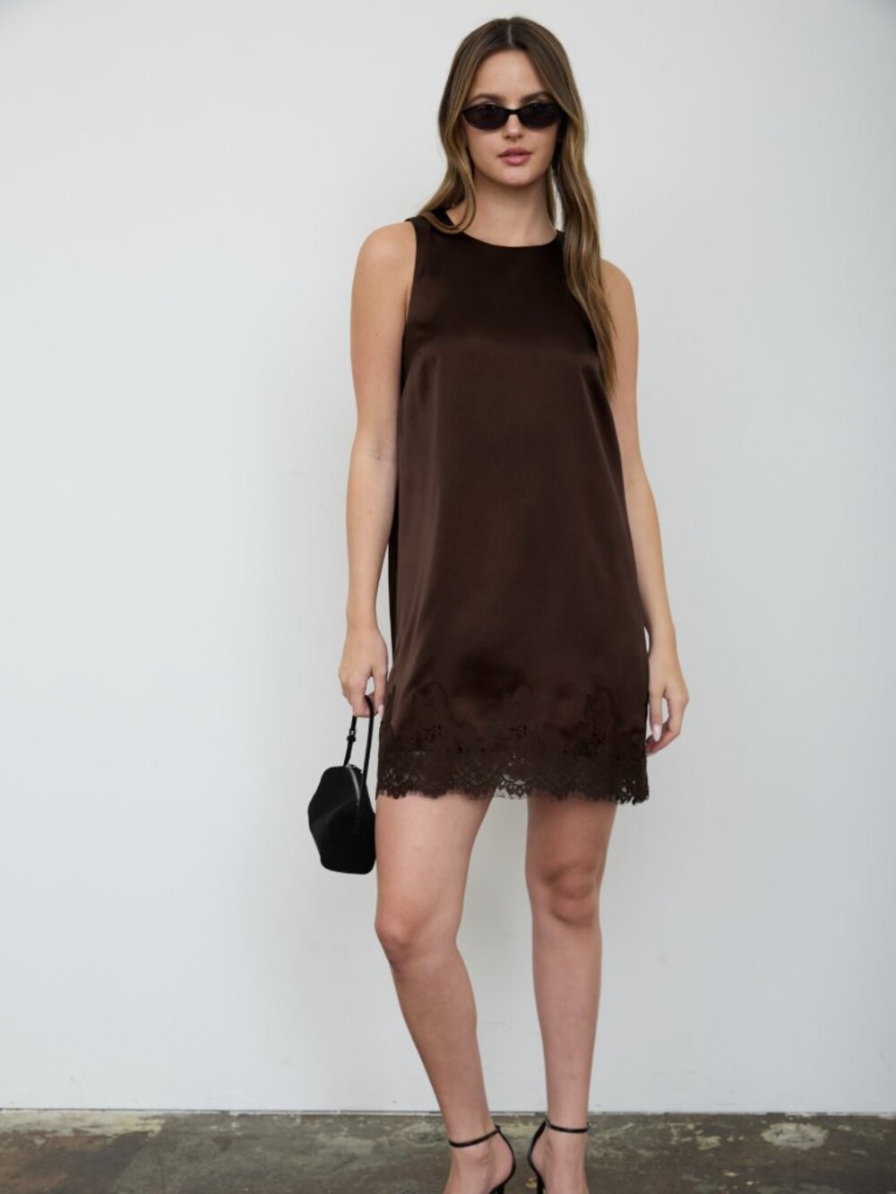 Satin Lace Hem Sleeveless Mini Dress